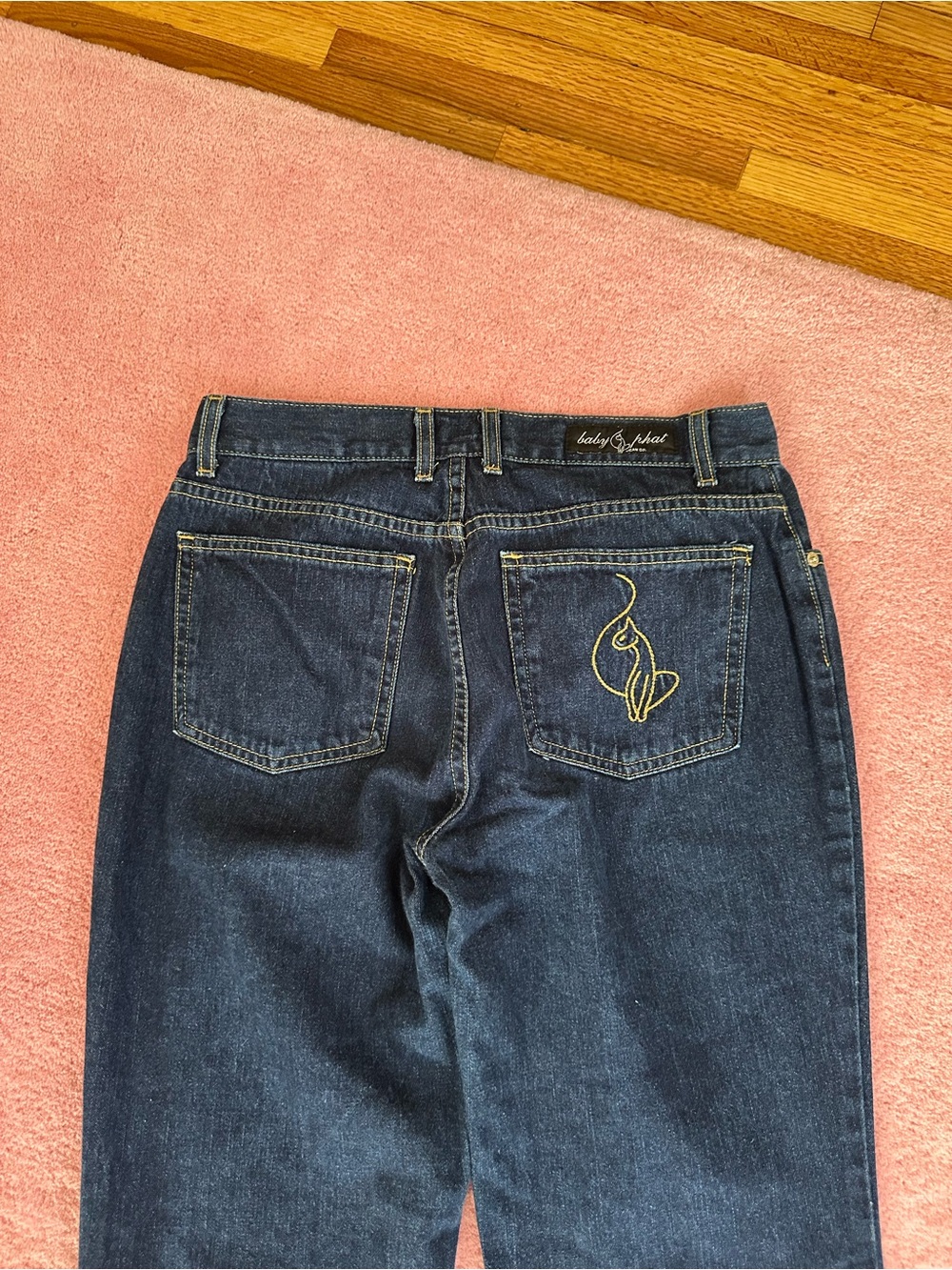 Baby Phat Women’s Straight Leg Jeans in Dark Blue with Gold Stitching